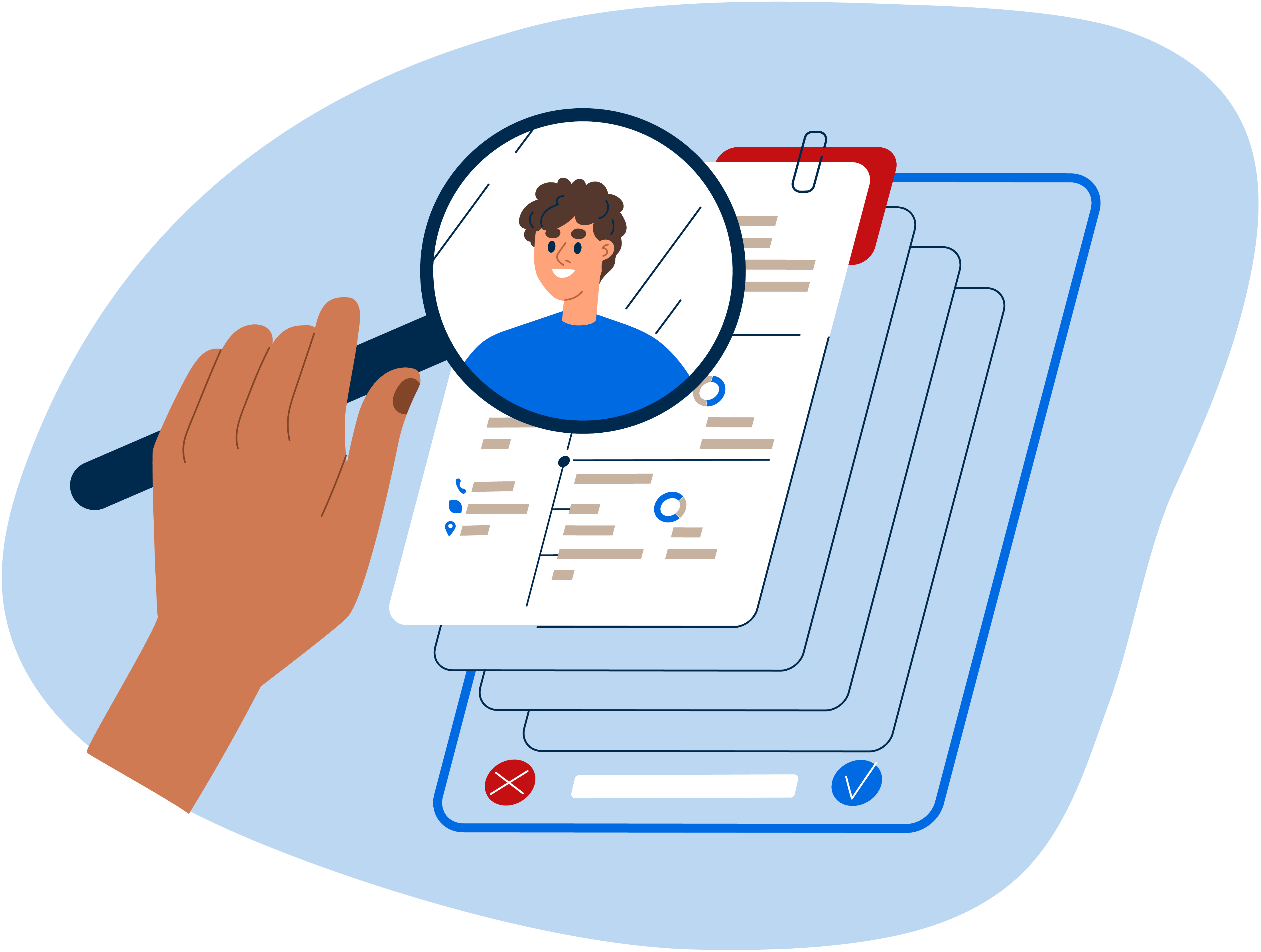 Illustration of hand holding a magnifying glass while inspecting candidates on a ballot
